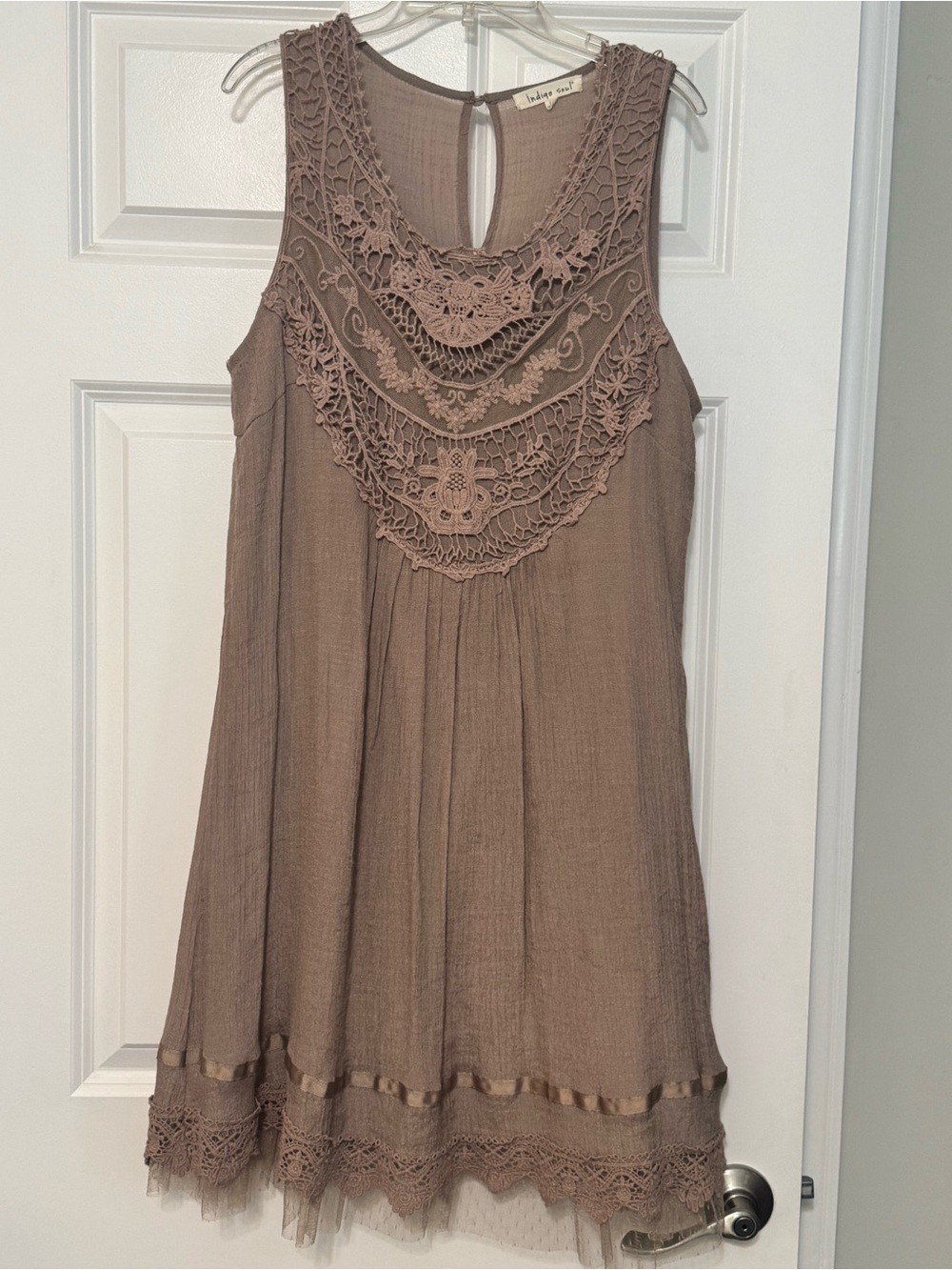 Indigo Soul Muted Mauve Crochet Lace Yolke Bohemian Sleeveless Summer Dress L